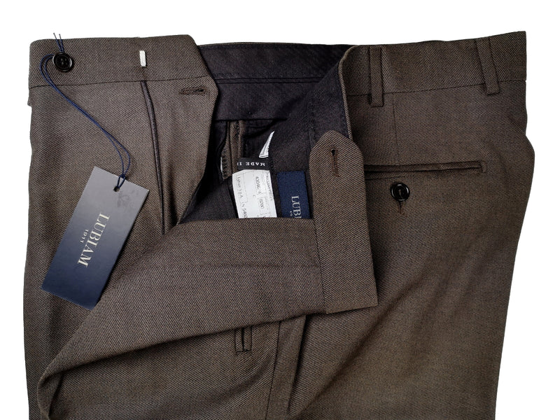 Luigi Bianchi Lubiam Trousers 34 Dark Brown Pleated front Full Leg Wool Twill