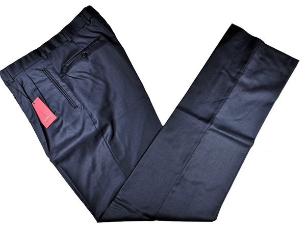 Luigi Bianchi Trousers 34 Navy Blue Pleated front Full Leg Wool