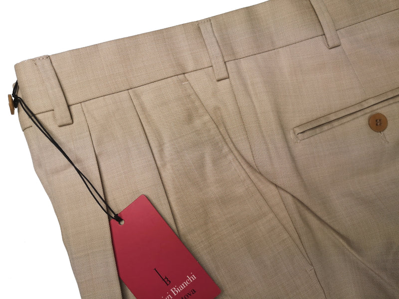 Luigi Bianchi Trousers 34 Sandy Beige Pleated front Full Leg Wool
