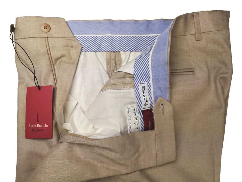 Luigi Bianchi Trousers 34 Sandy Beige Pleated front Full Leg Wool