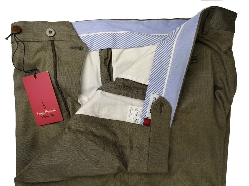 Luigi Bianchi Trousers 36 Light Olive Green Pleated front Full Leg Wool