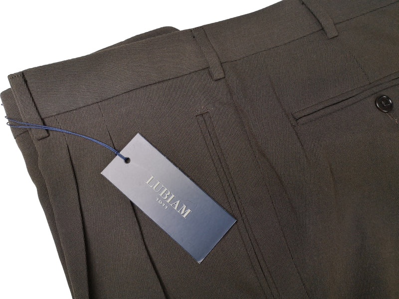 Luigi Bianchi Lubiam Trousers 38 Dark Brown Pleated front Full Leg Wool Twill