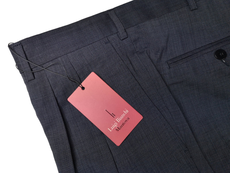 Luigi Bianchi Lubiam Trousers 38 Navy Blue Pick and Pick Pleated front Full Leg Wool