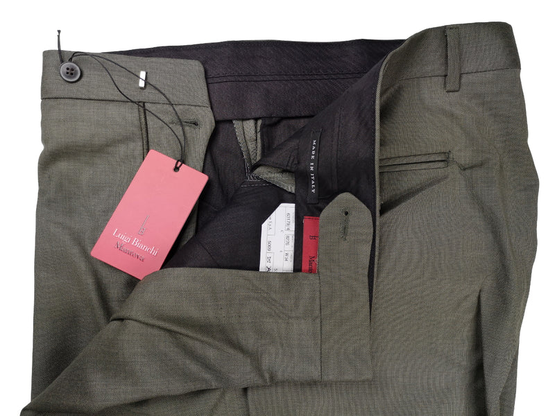 Luigi Bianchi Trousers 34 Light Olive Green Pleated front Full Leg Wool