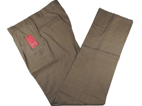 Luigi Bianchi Trousers 36 Light Brown Windowpane Pleated front Full Leg Wool