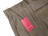 Luigi Bianchi Trousers 36 Light Brown Windowpane Pleated front Full Leg Wool