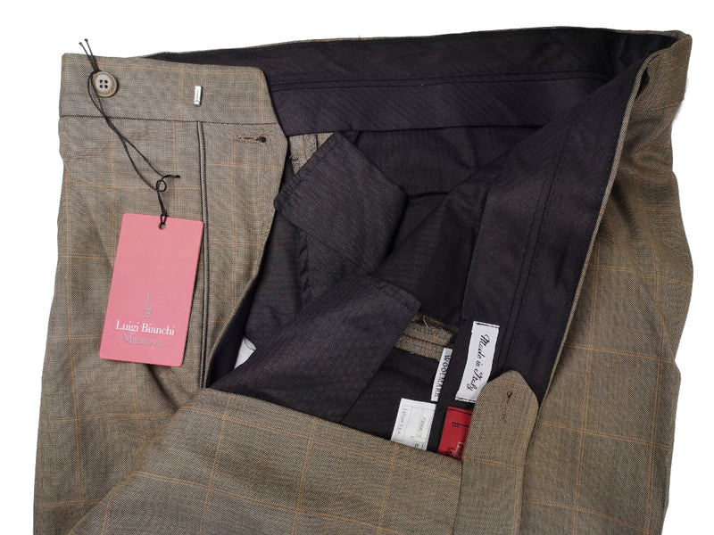 Luigi Bianchi Trousers 36 Light Brown Windowpane Pleated front Full Leg Wool