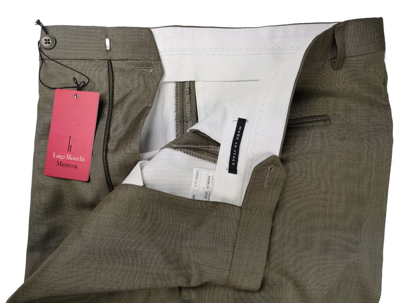 Luigi Bianchi Trousers 38 Light Olive Green Pleated front Full Leg Wool