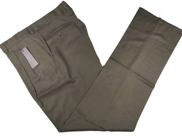 Luigi Bianchi Lubiam Trousers 38 Olive Green Pleated front Full Leg Wool Twill