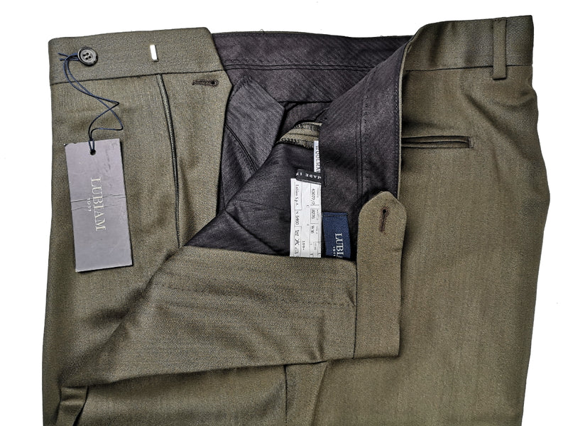 Luigi Bianchi Lubiam Trousers 38 Olive Green Pleated front Full Leg Wool Twill