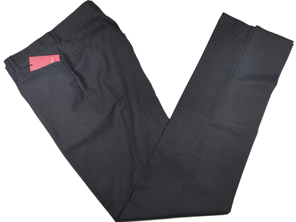 Luigi Bianchi Trousers 34 Navy Blue Check Flat front Full Leg Wool