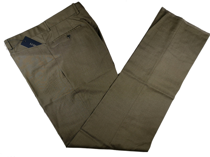 Luigi Bianchi Lubiam Trousers 36 Olive Green Flat front Full Leg Wool