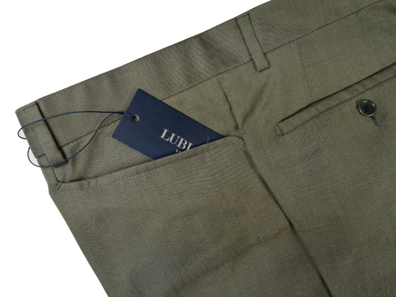 Luigi Bianchi Lubiam Trousers 36 Olive Green Flat front Full Leg Wool