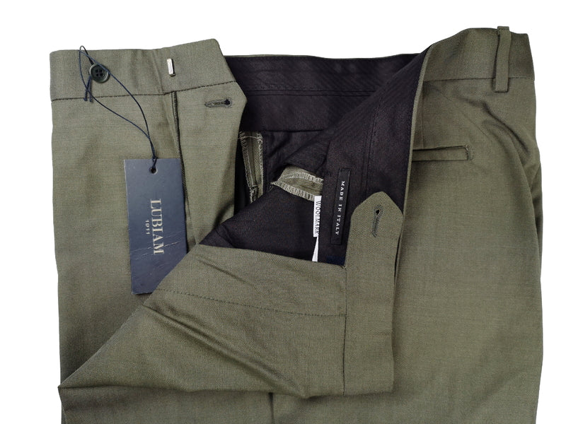 Luigi Bianchi Lubiam Trousers 36 Olive Green Flat front Full Leg Wool