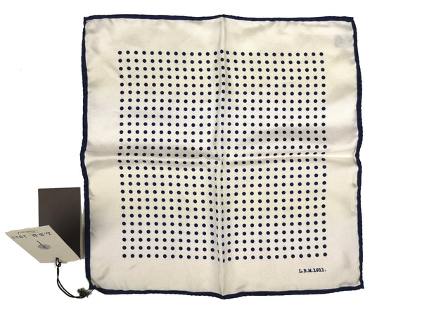 LBM 1911 Pocket Square White with Navy Dots Pure Silk