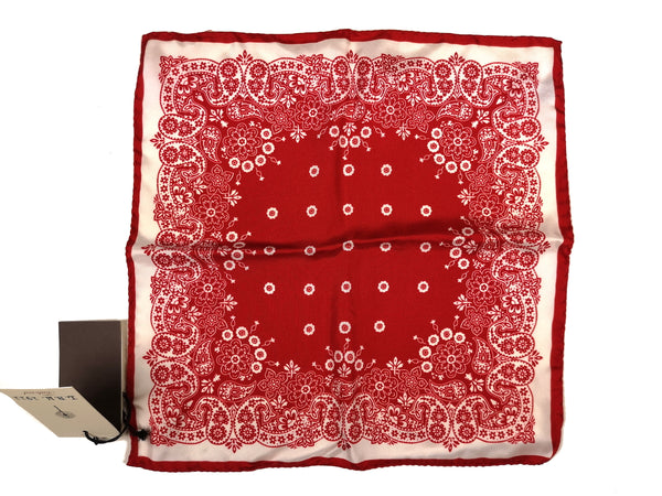 LBM 1911 Pocket Square White with Red Bandana Print Pure Silk