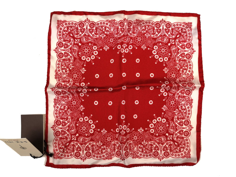 LBM 1911 Pocket Square White with Red Bandana Print Pure Silk