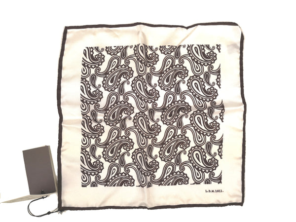 LBM 1911 Pocket Square White with Brown Paisleys Pure Silk