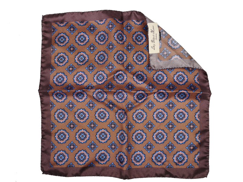 Luigi Bianchi Pocket Square Brown Print Pure Silk
