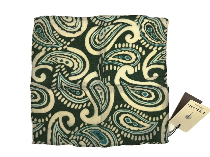 LBM 1911 Pocket Square Bottle Green with Vanilla Paisleys Pure Wool