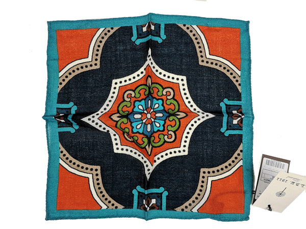 LBM 1911 Pocket Square Navy/Rust/Teal Blue Pure Wool