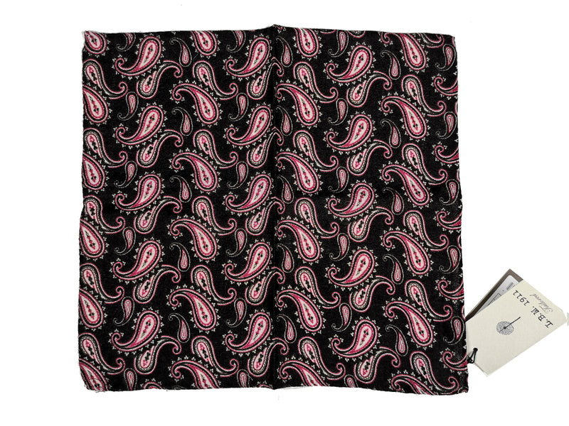 LBM 1911 Pocket Square Bottle Black with Pink Paisleys Pure Wool