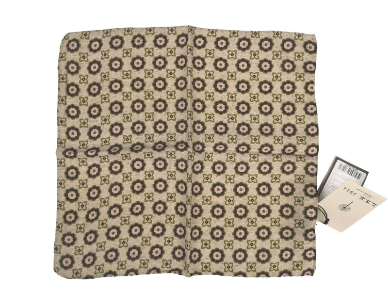 LBM 1911 Pocket Square Natural with Brown/Olive Geometric Silk Blend