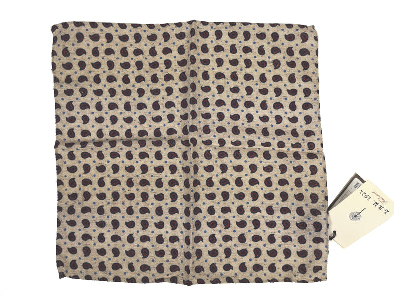 LBM 1911 Pocket Square Natural with Navy/Red Paisleys Silk Blend