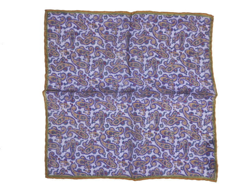 Luigi Bianchi Pocket Square Lilac with Gold Paisleys Pure Linen