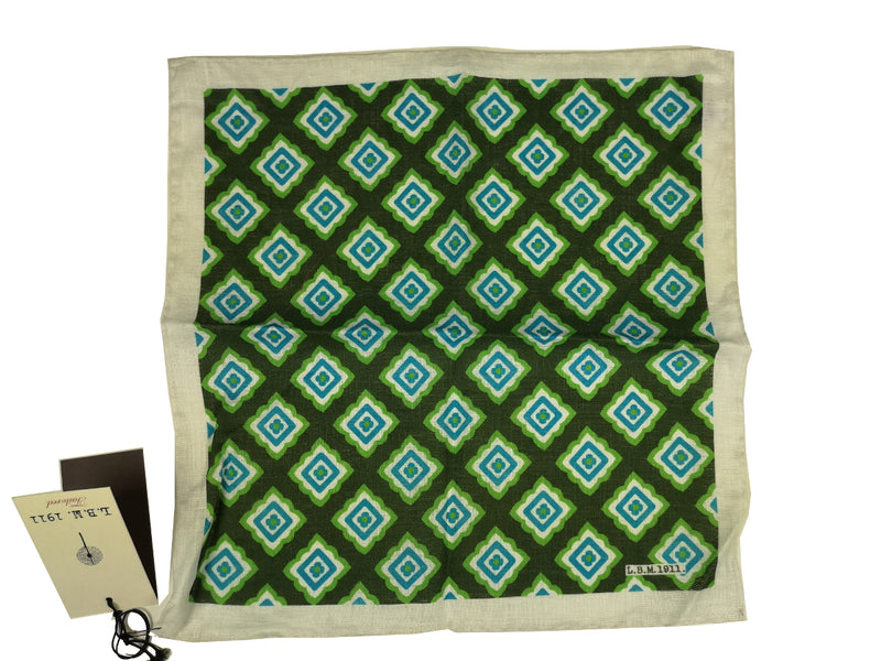 LBM 1911 Pocket Square Green with Vintage Blue/White Diamonds Pure Linen