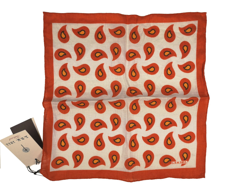LBM 1911 Pocket Square Vanilla with Vintage Orange Paisleys Pure Linen