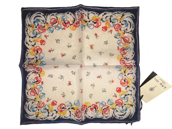 LBM 1911 Pocket Square Vanilla with Red/Yellow/Blue Floral Pure Linen