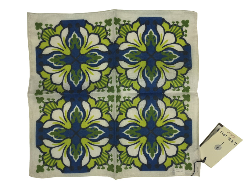 LBM 1911 Pocket Square Vanilla with Vintage Green/Blue Floral Pure Linen
