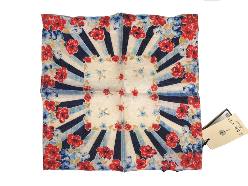 LBM 1911 Pocket Square Blue Rays with Red Floral Pure Linen
