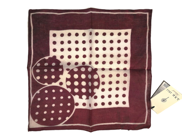 LBM 1911 Pocket Square White with Burgundy Circles/Dots Pure Linen