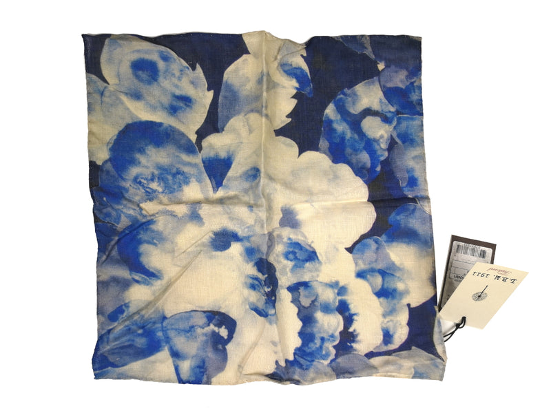 LBM 1911 Pocket Square Blue/White Large Floral Pure Linen