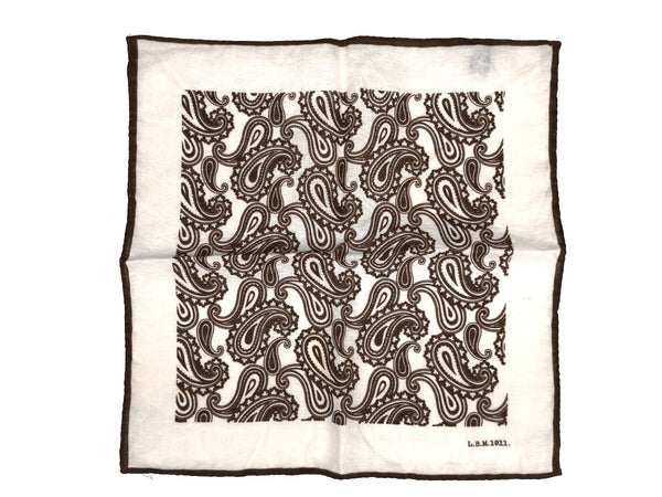 LBM 1911 Pocket Square White with Brown Paisleys Linen/Ramie