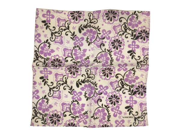 LBM 1911 Pocket Square White with Black Fine Lilac Floral Linen/Ramie