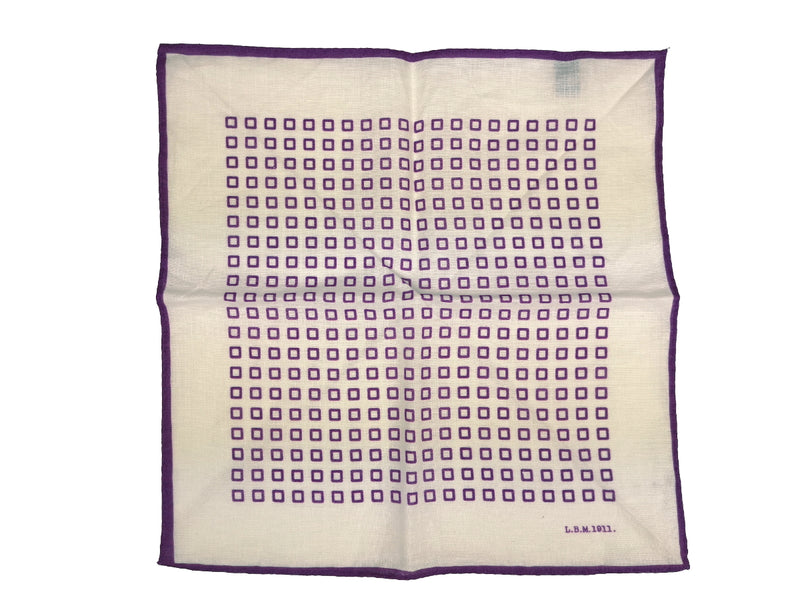 LBM 1911 Pocket Square White with Violet Squares Linen/Ramie