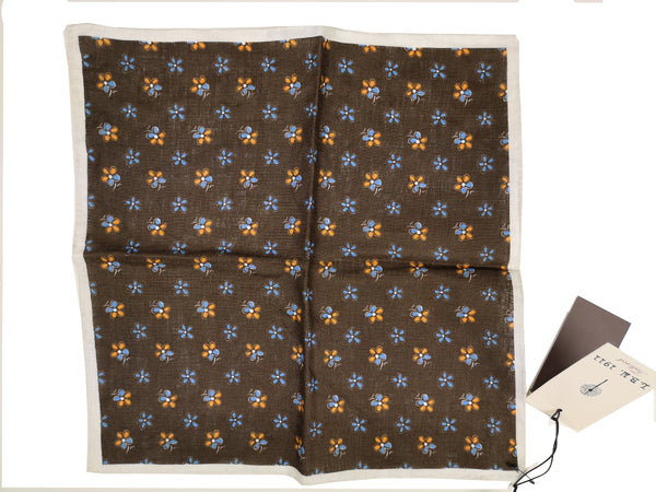 LBM 1911 Pocket Square Brown with Blue/Orange Floral Pure Linen