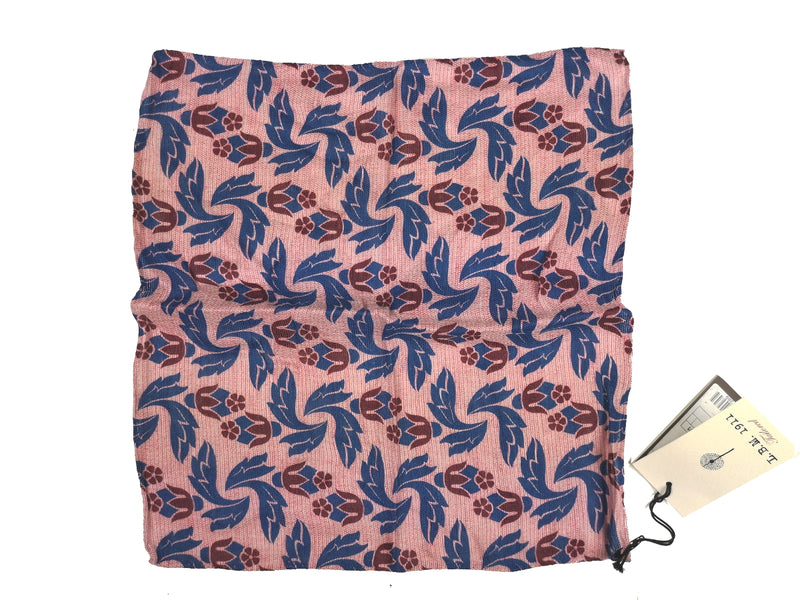 LBM 1911 Pocket Square Soft Red Melange with Blue Leaf Pattern Linen/Cotton