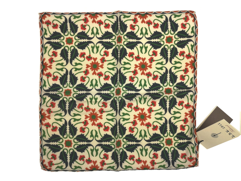 LBM 1911 Pocket Square Vanilla with Green/Red-Orange Cashmere/Silk