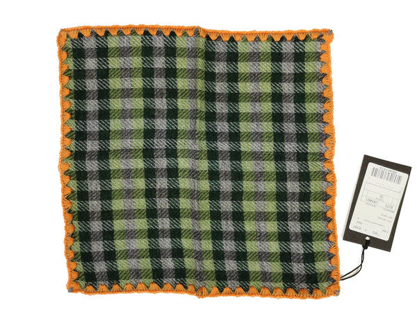 LBM 1911 Pocket Square Green Check with Stitched Edge Wool/SIlk