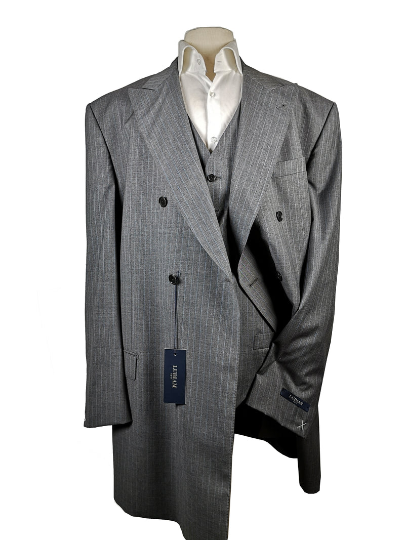 Luigi Bianchi LUBIAM 3 Piece Suit 50L Mid grey sky striped Double breasted Pure wool