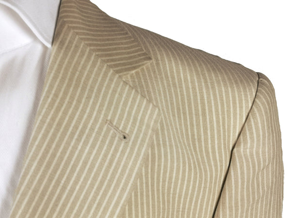 Luigi Bianchi LUBIAM Suit 46R Light Tan with White stripes 2-Button Linen/Silk