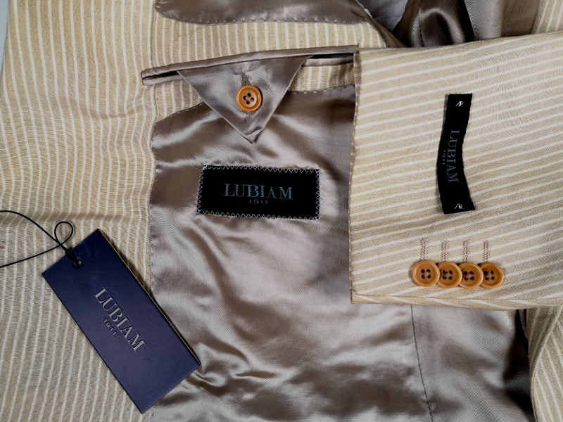 Luigi Bianchi LUBIAM Suit 46L Light Tan with White stripes 2-Button Linen/Silk