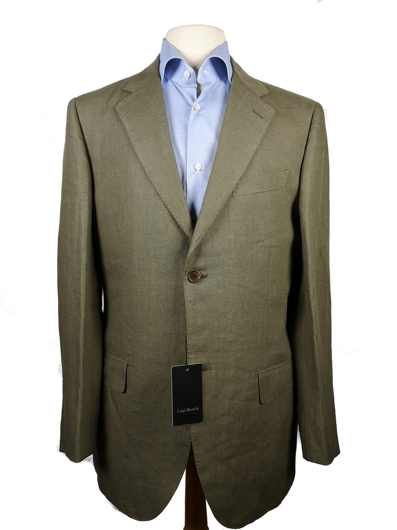 Luigi Bianchi Suit 43/44R Olive Green 2-Button Pure Linen