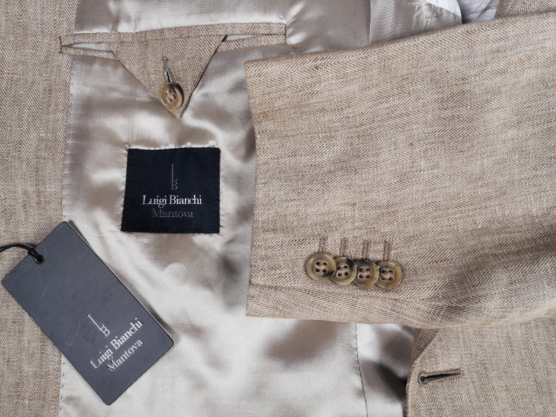 Luigi Bianchi Suit 43/44R Tan Herringbone 2-Button Heavy Linen