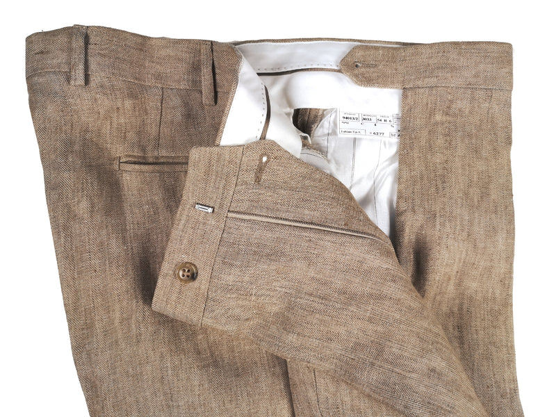 Luigi Bianchi Suit 43/44R Tan Herringbone 2-Button Heavy Linen