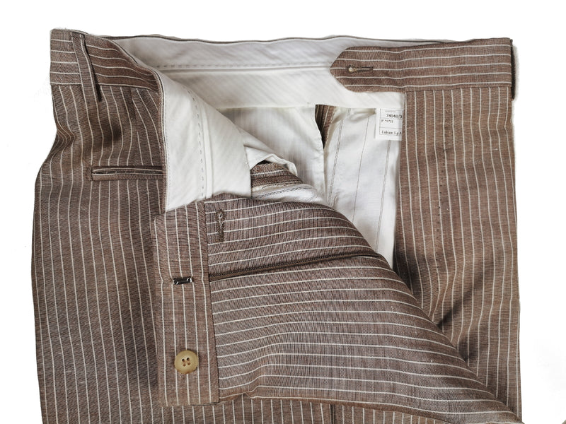 Luigi Bianchi Suit 40R Light Tan with White stripes 2-Button Wool/Linen